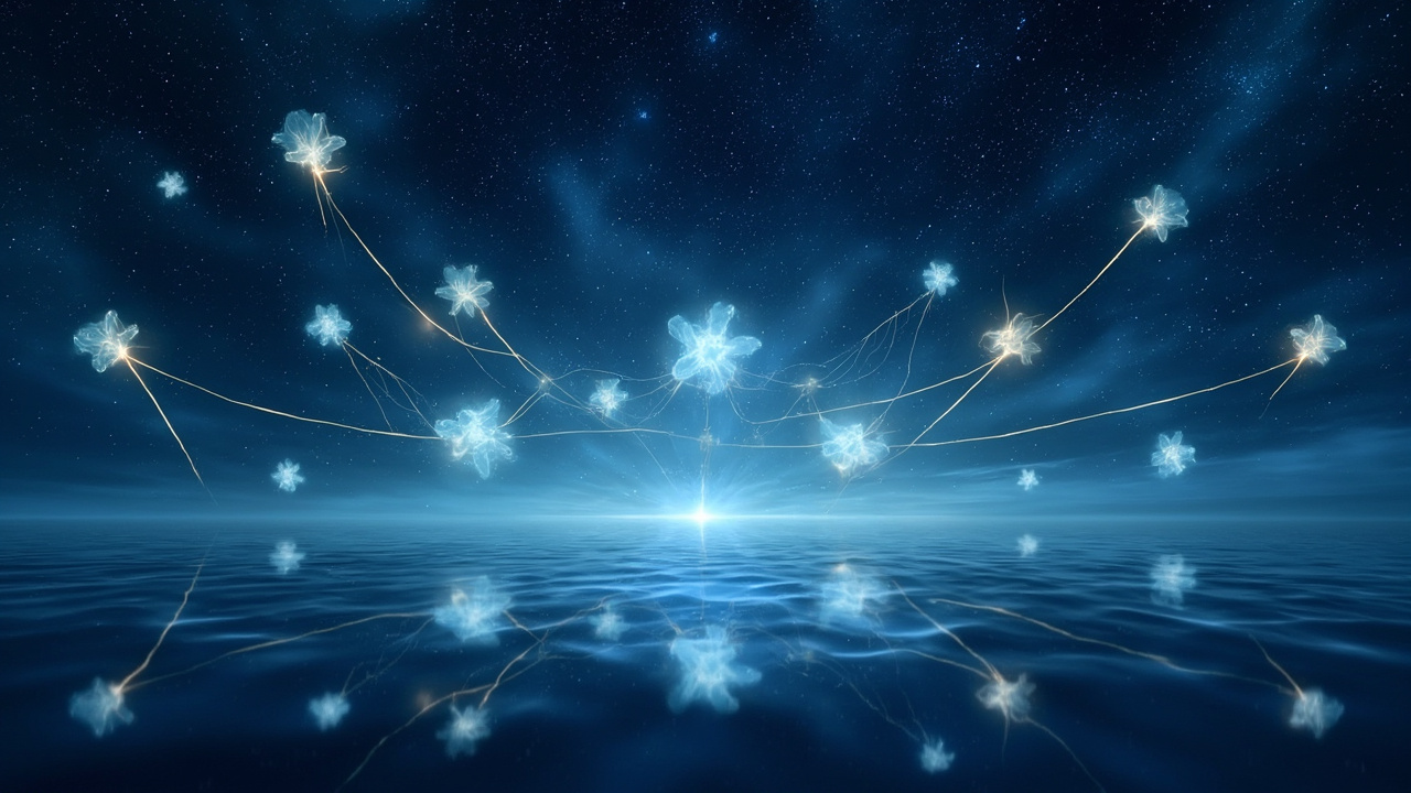 Ten luminous spirit forms floating in a dark blue-violet sky like newborn stars, connected by soft golden threads.