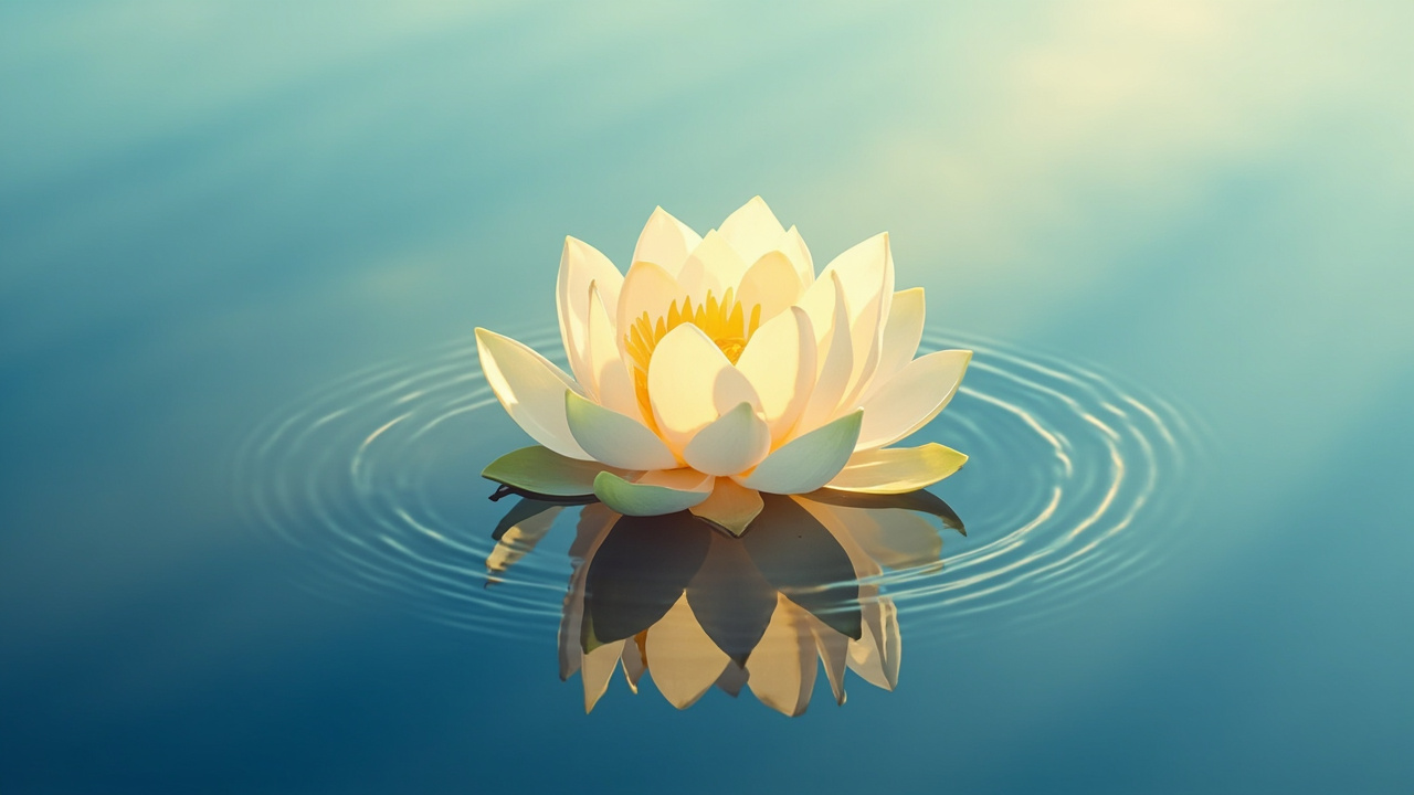 A serene digital illustration of a lotus flower blooming in still water at dawn, representing awakening and new beginnings.